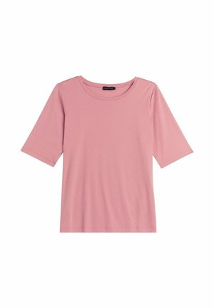 Kurzarm-Pink-T-Shirt aus weichem Material, mit rundem Halsausschnitt und lockerer Passform. Glatte Textur ohne sichtbare Muster oder Hardware.