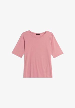 Kortærmet lyserød t-shirt lavet af blødt materiale, med rund hals og en afslappet pasform. Glat tekstur uden synlige mønstre eller hardware.