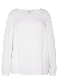 White long-sleeve top with a V-neck, featuring elastic gather details at the sides and a smooth, lightweight fabric.