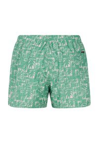 Gröna shorts med elastisk midja som har ett upprepat mönster av vita blad på ett texturerat tyg. Inkluderar bakficka med logotags.