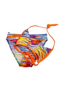 Zestaw bikini w wielokolorowy paski w odcieniach różu, pomarańczy, żółci i niebieskiego. Posiada pomarańczowe wiązania oraz elastyczny materiał.