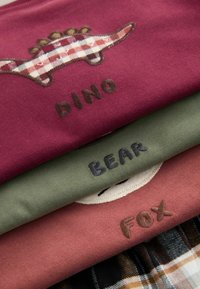 Trīs sabērtas kokvilnas t-krekli: vīnsarkans ar dinozaura dizainu, olīvu zaļš ar lācīti un terakota ar lapsu. Katrā ir atšķirīgs izšūts teksts.