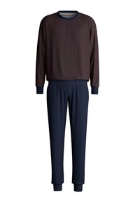Survêtement bleu marine comprenant un haut à manches longues à motifs avec un col rond et une poche, associé à un pantalon fuselé, les deux ayant des poignets élastiques.