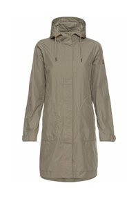 Leichte, hüftlange Parka in schlichten Olivgrün, mit geradem Schnitt, zwei seitlichen Taschen und verstellbaren Kordelzügen an der Kapuze.