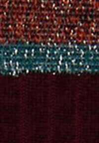 Tessuto a maglia con strisce orizzontali. Striscia superiore in ruggine con macchie, striscia centrale in teal e striscia inferiore in marrone scuro. Texture morbida in tutto il tessuto.