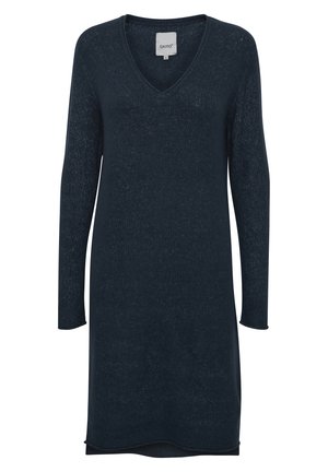 Vestido de manga larga en color navy con escote en V, fabricado en un suave material de punto, con un dobladillo ligeramente redondeado y una sutil textura en toda su superficie.