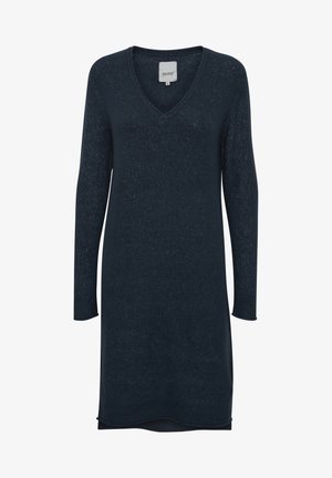 Marineblaues Langarmkleid mit V-Ausschnitt, aus weichem Strickmaterial gefertigt, mit einem leicht gerundeten Saum und einer subtilen Textur im gesamten Kleid.