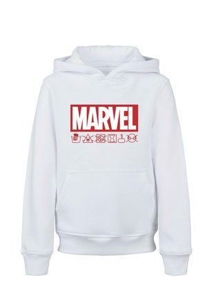 Valkoinen huppari, jossa on punainen "MARVEL"-logo edessä, ja erilaisia hoitoikonseja sen alla. Pehmeä kangas, pitkät hihat ja etutasku.