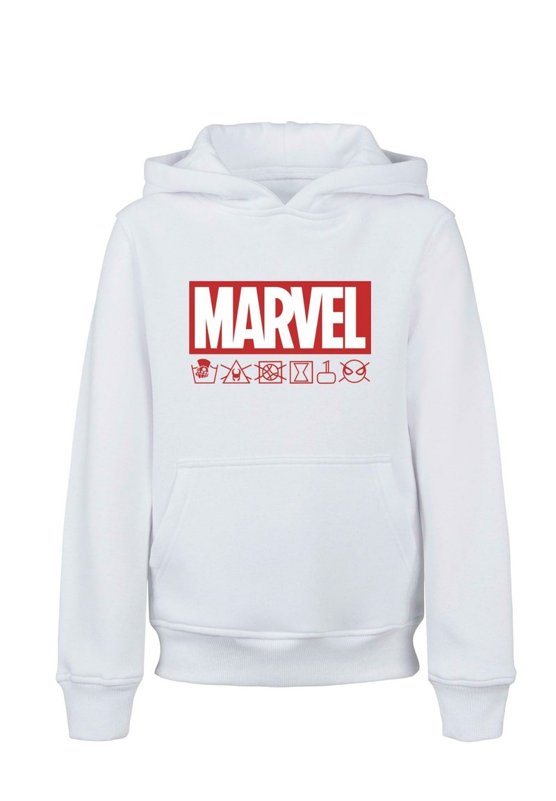 Witte hoodie met een rood "MARVEL" logo op de voorkant, met verschillende zorgsymbolen eronder. Zachte stof, lange mouwen en een voorzak.