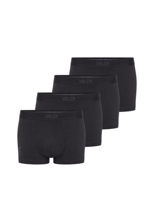 Quattro paia di boxer neri da uomo con vita elastica, disposti in formazione sfalsata su sfondo bianco.