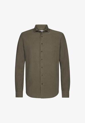 Camisa de manga larga en lino verde olivo con un botón frontal, que presenta botones marrones y un cuello estándar. Textura suave; diseño minimalista.