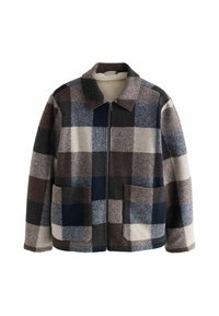 Veste homme zippée devant avec grand col, motif à carreaux marron, marine, gris et crème, et deux poches plaquées à l'avant.