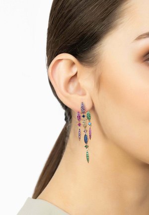 Dangling earrings with gold-tone metal, featuring multicolored gemstones in purple, green, blue, and pink, arranged in a leaf shape.