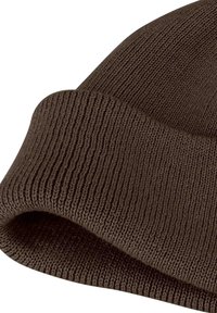 Bruine gebreide beanie muts met een geribbelde textuur en een omgeslagen rand. De stof lijkt warm en rekbaar te zijn.