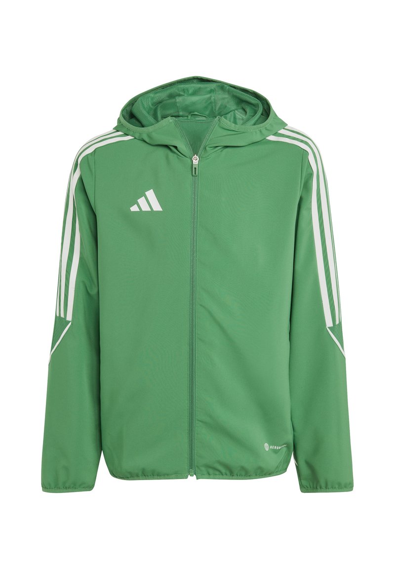 Leichte grüne Jacke mit Reißverschluss vorne, Kapuze und weißen Adidas-Streifen an den Schultern und Ärmeln. Glatte Textur.