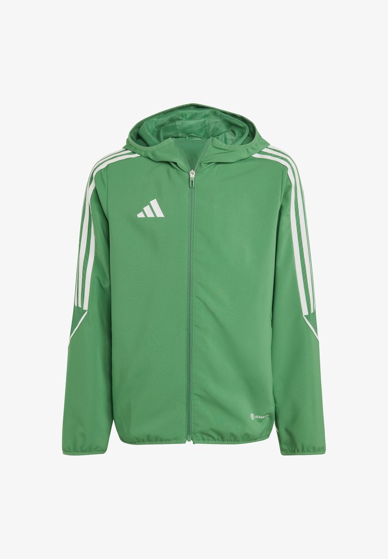 Leichte grüne Jacke mit Reißverschluss vorne, Kapuze und weißen Adidas-Streifen an den Schultern und Ärmeln. Glatte Textur.