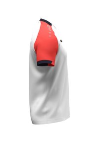Kurzarmhemd in Weiß mit Kragen in Rot und Marineblau. Verfügt über eine Knopfleiste mit fünf Knöpfen und kontrastierenden Ärmeln.