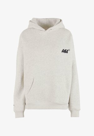 Grijze hoodie van een katoenmix; heeft een voorzak, ribgebreide manchetten, logo op de linkerborst en een capuchon met trekkoord.