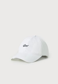 White baseball cap made of fabric, featuring a curved brim and embroidered black logo on the front. Lightweight and casual design.
