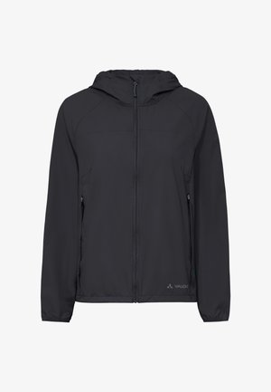 Zwarte lichtgewicht capuchonjack met ritssluiting aan de voorkant en met rits afsluitbare zijzakken, elastische manchetten en VAUDE-logo aan de voorkant onderaan.