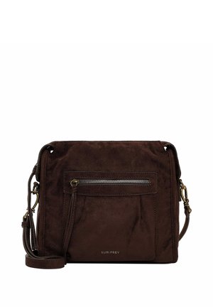 Dark brown suede crossbody bag with front zip pocket, adjustable strap, and gold-toned hardware from Suri Frey brand.