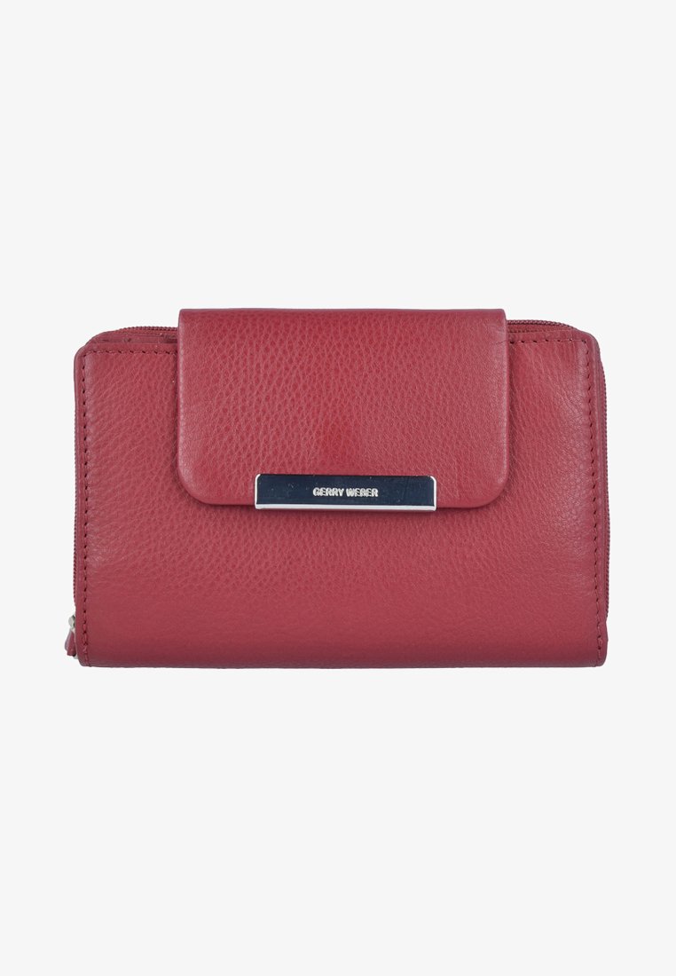 Red leather wallet with textured surface, a magnetic flap closure, and a metallic label featuring the brand name. Side zip pocket included.