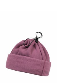 Fleece muts in donkerroze, met een omgeslagen rand en een verstelbare trekkoord aan de bovenkant voor een aanpasbare pasvorm. Zachte textuur en naadloos ontwerp.