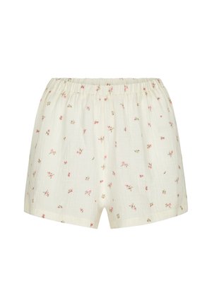 Witte katoenen shorts met een elastische tailleband, voorzien van een subtiele, gelijkmatig verspreide roze bloemenprint.
