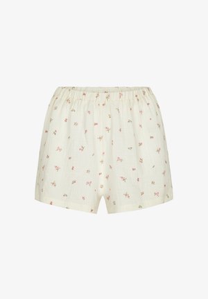 Witte katoenen shorts met een elastische tailleband, voorzien van een subtiele, gelijkmatig verspreide roze bloemenprint.