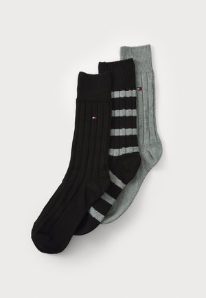 Drei Paare Socken: einfarbig schwarz, schwarz mit grauen Streifen und einfarbig grau. Gerippte Textur; lässiges Design; Mischgewebe aus Baumwolle.