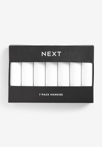 White cotton hankies in a black box, featuring clear labeling. The pack contains seven individual handkerchiefs, neatly arranged.
