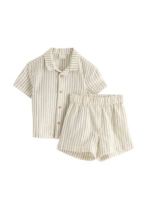 Sæt med kortærmet skjorte med knapper og shorts med elastisk talje i beige med tynde, lodrette sorte striber.