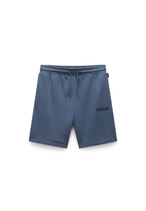 Blue, soft fabric shorts with an elastic waistband and front pockets. Features a small logo printed on the left thigh.