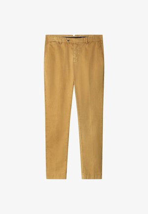 Chinos beige dritti da uomo con chiusura a bottoni e zip, passanti per cintura e tasche laterali.
