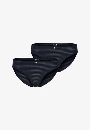 Marineblauer Bikini mit elegant geripptem Muster und dezentem Glanz. Hoch tailliertes Design, enthält zwei Teile mit seitlichen Akzenten.