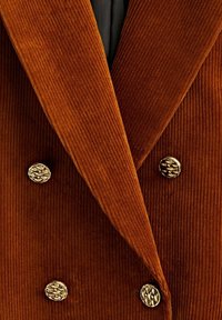 Blazer croisé en velours côtelé brun présentant une texture côtelée prononcée et trois boutons métalliques ornés sur le devant.