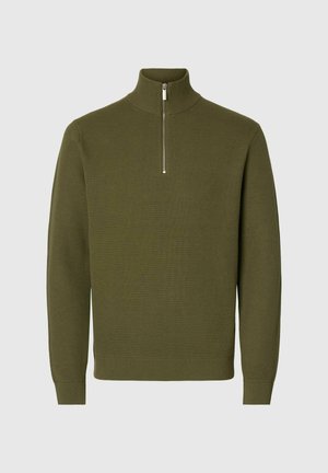 Olive roheline kootud pika varrukaga sall, millel on ribakujuline krae, mansetid ja äär, ning lühike hõbedane tõmblukk kõrges kaelas.