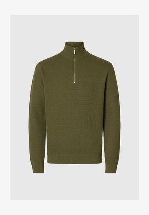 Olive roheline kootud pika varrukaga sall, millel on ribakujuline krae, mansetid ja äär, ning lühike hõbedane tõmblukk kõrges kaelas.