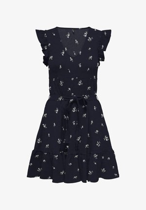 Vestido azul marino sin mangas con estampado floral blanco, escote en V, hombros con volantes, cinturón en la cintura y bajo con volantes.
