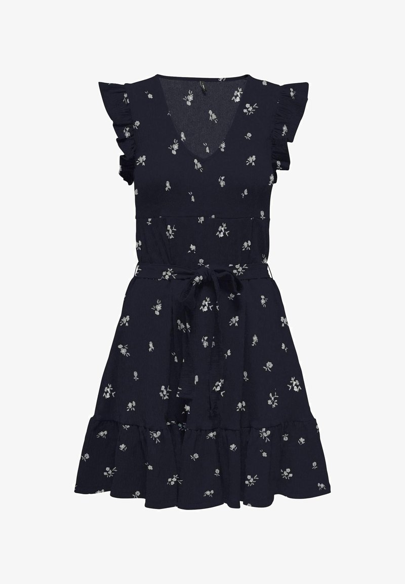 Robe bleu marine sans manches avec imprimé floral blanc, col en V, épaules à volants, ceinture à la taille et ourlet à volants.