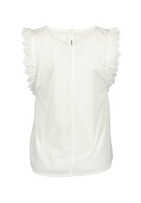 Blusa bianca con maniche a volant in pizzo, scollatura rotonda e chiusura a chiave sulla schiena. Tessuto liscio con vestibilità sartoriale.