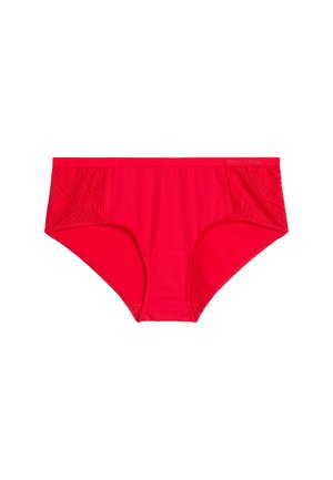 Rote Damen-Hipster-Unterwäsche mit Spitzenseiten und elastischem Bund, mit dezentem Markenlogo oben rechts.