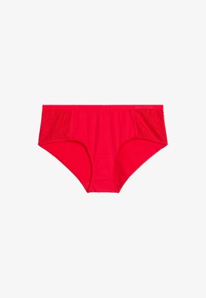 Red women's hipster briefs with lace side panels and elastic waistband, featuring subtle brand text on the upper right side.