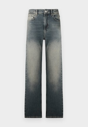 Υψηλής μέσης τζιν παντελόνι με ίσια γραμμή, σε φθαρμένη ανοιχτό και σκούρο ντενίμ και κλασικό σχέδιο πέντε τσεπών.