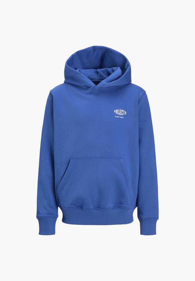 Blue hoodie with a front pocket, ribbed cuffs, and hem. Features a hood and a small white "PROJECT" graphic on the chest. Soft fabric texture.