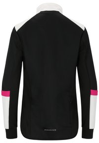 Schwarze Jacke mit hohem Kragen, kontrastierenden weiß-rosa Akzenten an den Ärmeln, strukturiertem Stoff und einer dezenten Reißverschlusstasche auf der Rückseite.