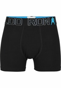 Černé pánské boxerky s modře lemovaným páskem, na kterém je nápis "RONALDO" a malá silueta na boku.