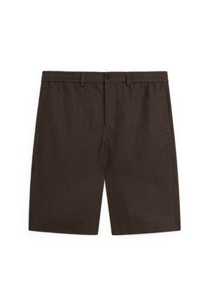 Brown linen shorts with a flat front, side pockets, and a button closure. The fabric has a slightly textured finish.