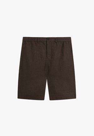Bruine linnen shorts met een vlakke voorkant, zijzakken en een knoopsluiting. De stof heeft een licht gestructureerde afwerking.