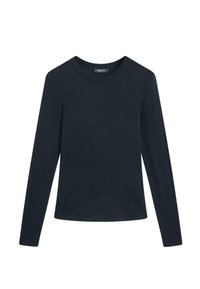 Langärmeliges T-Shirt aus dunkelblauer Baumwolle mit rundem Ausschnitt und geradem Saum, zeichnet sich durch eine weiche Textur und ein minimalistisches Design aus.